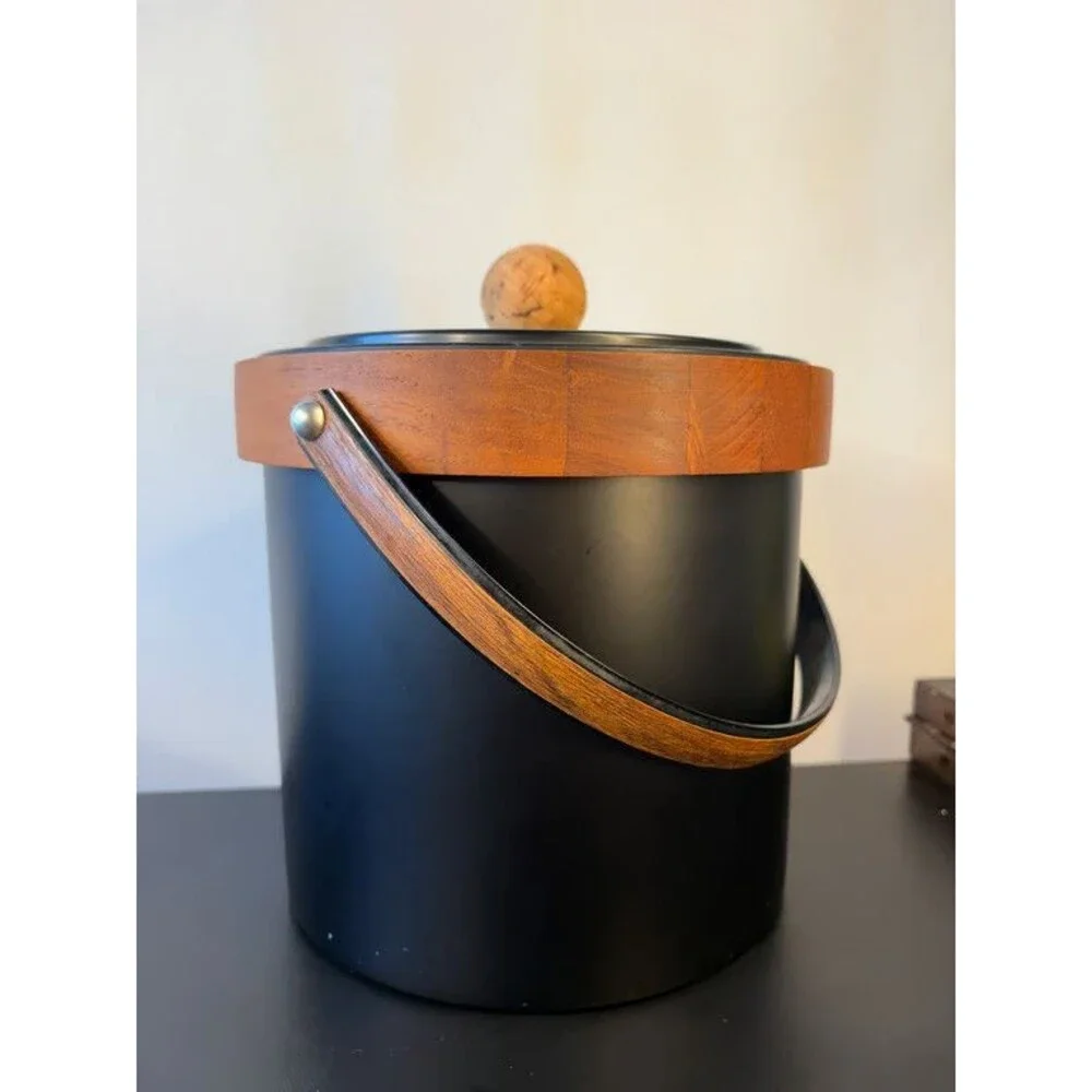 Mid Century Ice Bucket Black Body Teak Collar Swing Handle Cork Knob Barware
